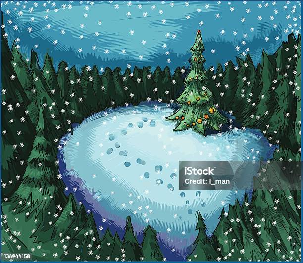 Vetores de Árvore De Natal Na Floresta De Noite e mais imagens de Azul - Azul, Branco, Congelado