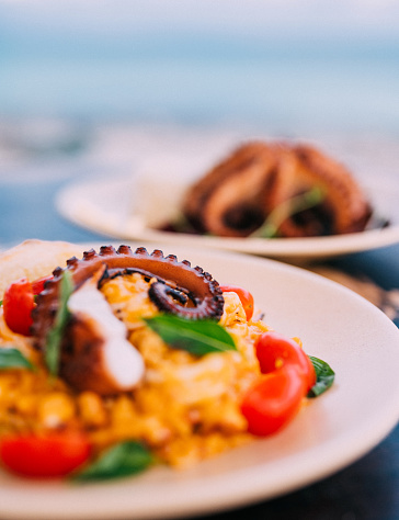 Part of seafood risotto with octopus tentacles and grilled octopus served on a white plates with a sea background