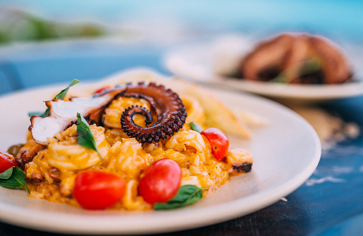 Part of seafood risotto with octopus tentacles, and grilled octopus served on a white plates with a sea in a background