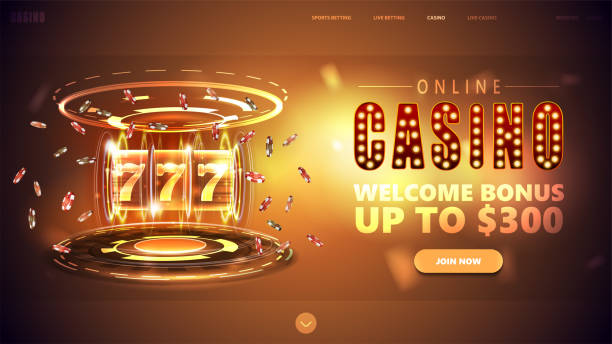 Online casino, gold banner with button, welcome bonus, neon Casino slot machine with jackpot, poker chips and hologram of digital rings in gold scene Online casino, gold banner with button, welcome bonus, neon Casino slot machine with jackpot, poker chips and hologram of digital rings in gold scene jackpot text stock illustrations