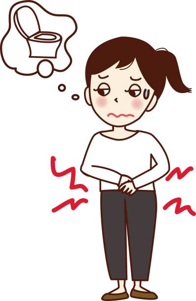 ilustraciones, imágenes clip art, dibujos animados e iconos de stock de una mujer joven que tiene dolor de estómago y quiere ir al baño. - white background food poisoning people menstruation