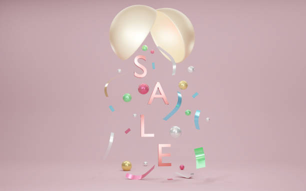 istock 3D rendering concept of SALE text and confetti falling down from a gold ball on light pink background for commercial design. 3D render. 1369445470
