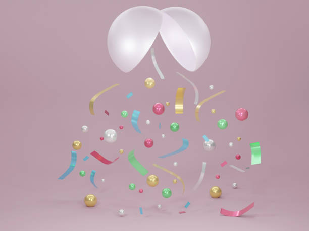istock 3D rendering concept of confetti falling down from a white ball on light pink background for commercial design. 3D render. 1369445512