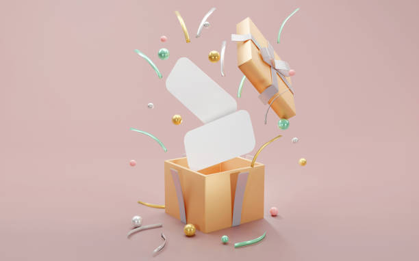 istock 3D rendering concept of a present box opens up to show luxury geometric elements and blank papers for commercial design. 3D render illustration. 1369445698