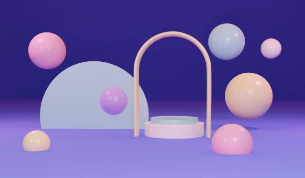 istock 3D Rendering abstract minimal mixed geometric shapes scene with podium, cube, sphere, curve, torus, cone and cylinder. Pastel colors scene for product presentation. Minimal 3d render. 1369445719