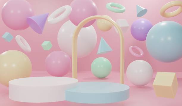 istock 3D Rendering abstract minimal mixed geometric shapes scene with podium, cube, sphere, curve, torus, cone and cylinder. Pastel colors scene for product presentation. Minimal 3d render. 1369445721