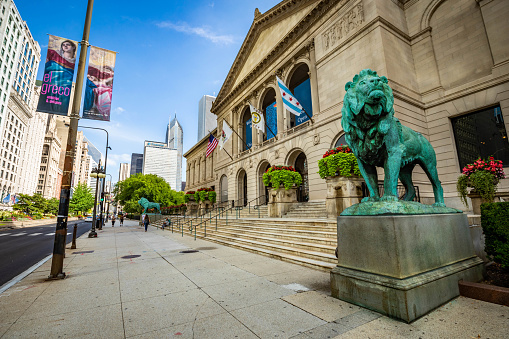 Chicago, IL / USA - 8/28/2020: Art Institute of Chicago Exterior view with lions in summer