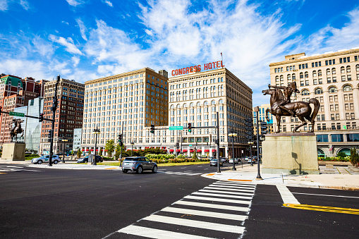 Chicago, IL / USA - 8/28/2020: View of Grant plaza and Congress hotel in Chicago summer day