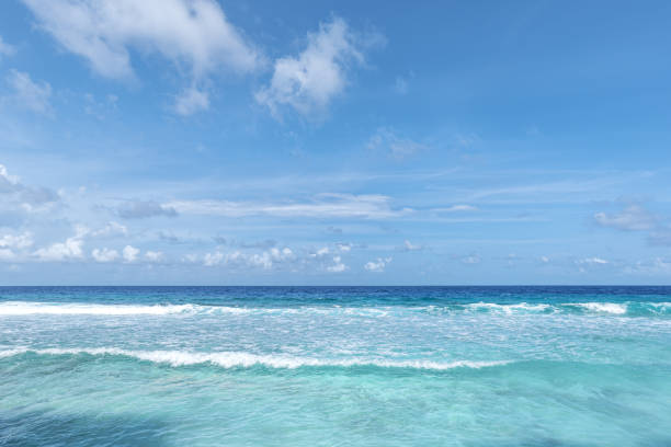 Turquoise sea water and sky with clouds