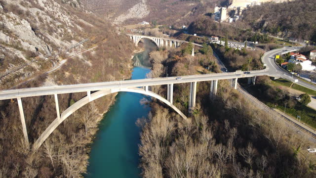 Aerial View on Bridges Crossing Soca River Valley in Slovenia