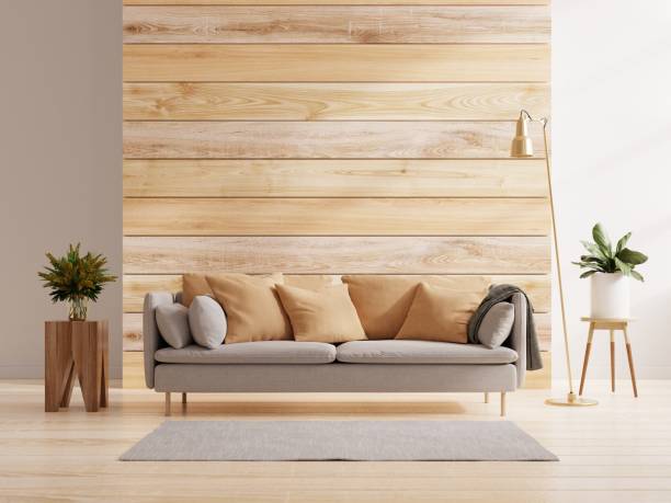 istock Sofa in modern empty room with behind the wooden wall. 1369455483