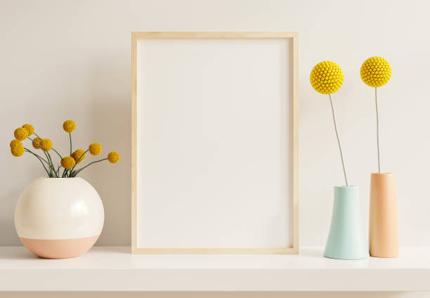 istock Interior poster mockup with vertical wooden frame in home interior background. 1369455675