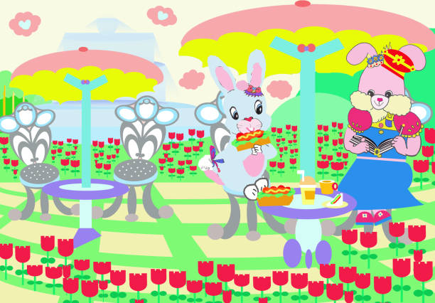 Bright Sweet Light Blue Pink Cartoon Bunny Rabbits Enjoying Snacks and Book in a Field of Many Tulip Flowers in Springtime Illustration 2022 Bright Sweet Pair of Light Blue Pink Cartoon Bunny Rabbits Enjoying Snacks and Book in a Field of Many Tulip Flowers in Springtime Children's Color Illustration 2022. vintage pink chair cartoon stock illustrations