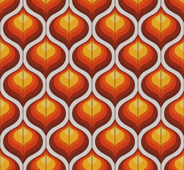 retro nahtloses blumenmusterdesign - orange nostalgischer wiederholungshintergrund für textilien, tapeten und geschenkpapier - modern art 1950s style contemporary shape stock-grafiken, -clipart, -cartoons und -symbole