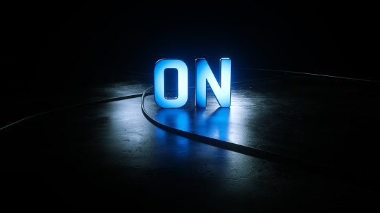 On - Straming On Broadcast Screen, Tv Brand Background , Reflective Floor and Cables Glowing On Text, 3d Rendering