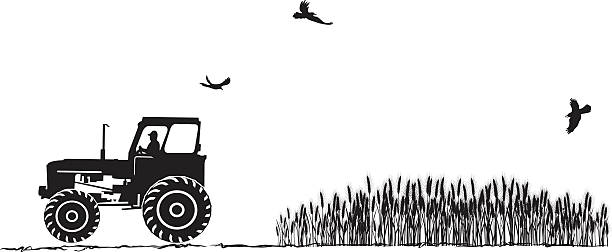 Tractor and Wheat Field Fall harvest. Tractor and wheat field. farmer silhouettes stock illustrations
