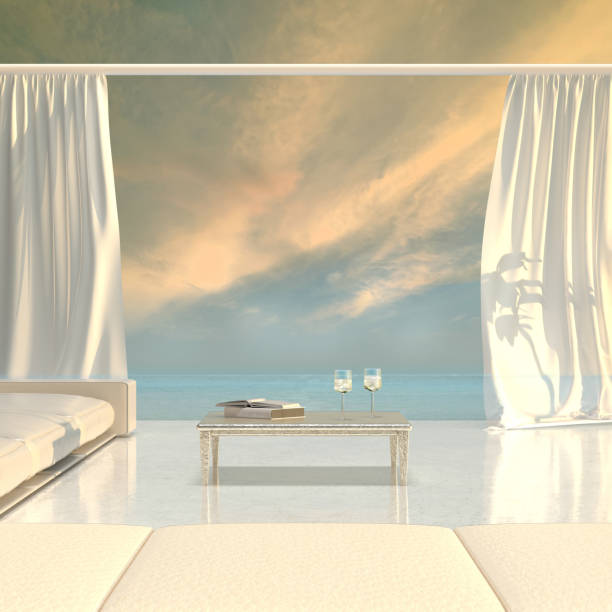 istock Romantic white private bungalow resort with table and sofa on tropical beach. Luxurious gazebo in sunset. 3d rendering. 1369468888