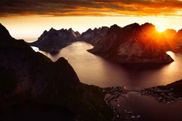 Norway, Lofoten, photo taken from a drone over Reinebringen