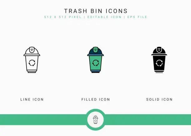 Vector illustration of Trash bin icons set vector illustration with solid icon line style. Recycle garbage basket concept.