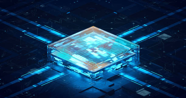 3D rendering of cyberpunk AI. Circuit board. Technology background. Central Computer Processors CPU and GPU concept. Motherboard digital chip. Tech science background.