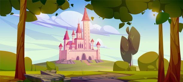 Pink magic castle on green hill, fairy tale palace Pink magic castle on green hill, fairy tale palace with turrets and trees around scenery landscape. Rocky road lead to gates of medieval fantasy fortress under blue sky, Cartoon vector illustration european architecture stock illustrations