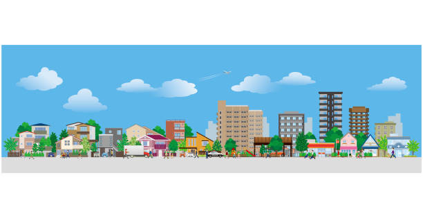 vektorillustration von menschen, die in einer stadtstraße spazieren gehen. - skyscraper city life urban scene building exterior stock-grafiken, -clipart, -cartoons und -symbole