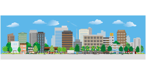 vector illustration of people walking in a city street. - bank of england 幅插畫檔、美工圖案、卡通及圖標
