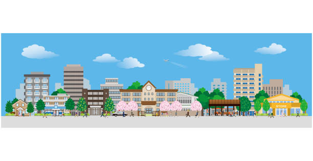 Vector illustration of people walking in a city street. Vector illustration of building school bus stop stock illustrations