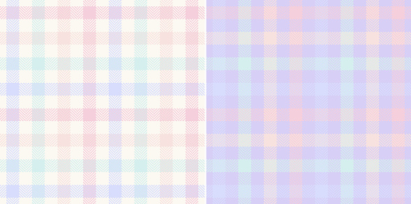 Gingham check plaid pattern in multicolored pastel lilac purple, green, orange, yellow, white. Herringbone vichy tartan set for dress, gift paper, tablecloth, other spring summer fashion fabric print.