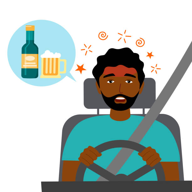 pijany mężczyzna prowadzący samochód koncepcyjny ilustracja wektorowa. kampania drink don't drive. - drunk stock illustrations