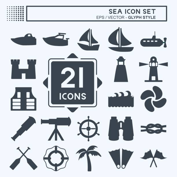 icon set sea - glyph style - einfache illustration, editierbarer strich - doodle map drawing sunglasses stock-grafiken, -clipart, -cartoons und -symbole