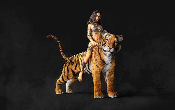 Lady and The Bengal Tigers with Clipping Path.