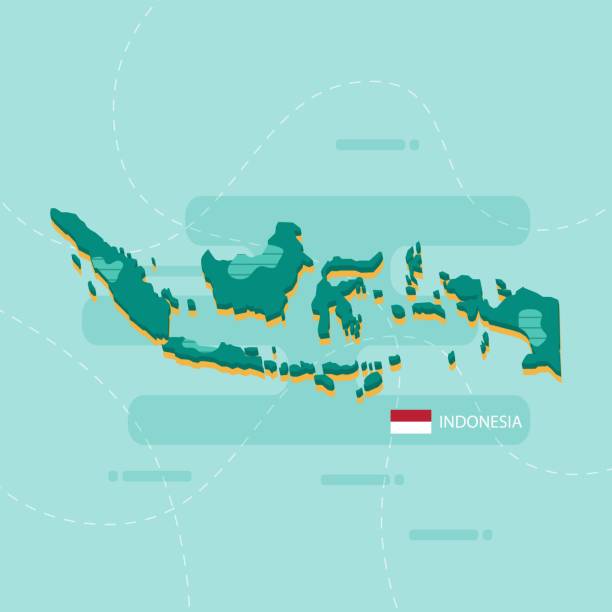3d vector map of indonesia with name and flag of country on light green background and dash. - indonesia stock illustrations