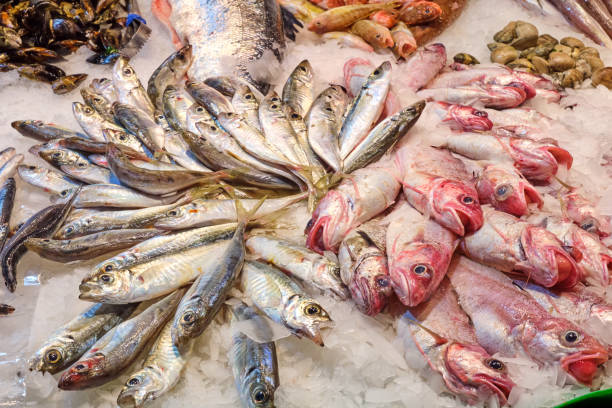 istock Market stall with fish and seafood 1369484847