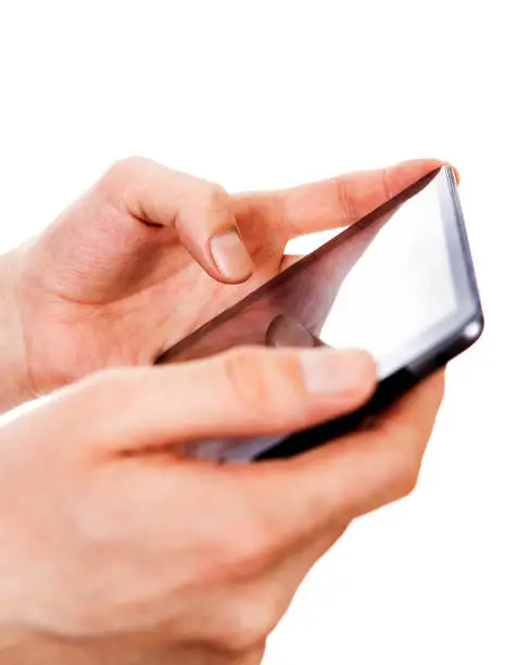 Person with Tablet Computer on the White Background closeup