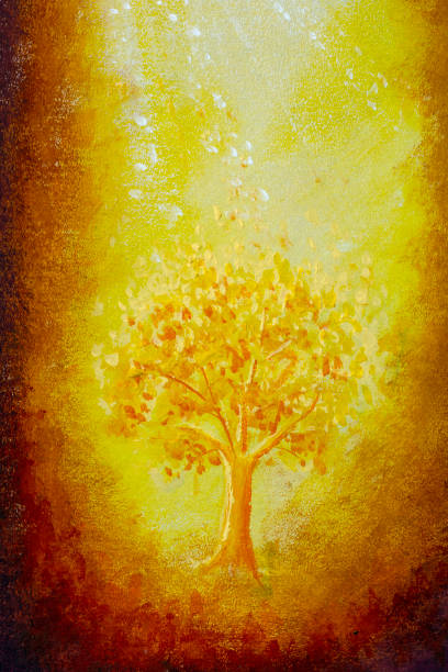 istock Vertical illustration of a living luminous tree against the backdrop of a bright solar glow painting with acrylics and watercolors. The concept of youth, life and prosperity. 1369488843
