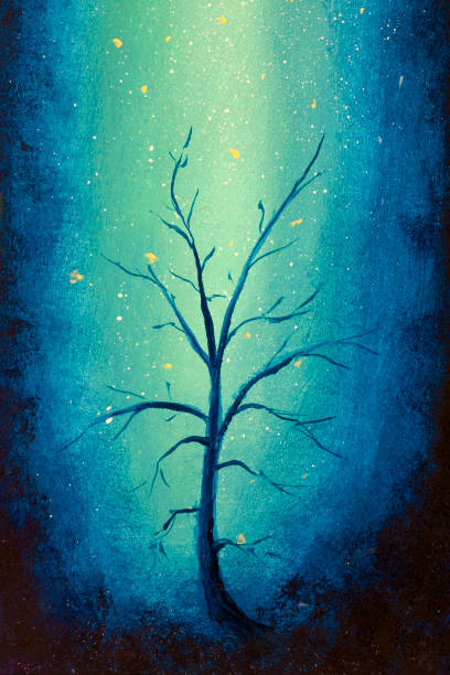 istock Vertical illustration of dead withered tree against background of night blue glow painting with acrylic in watercolor. The concept of death and old age. 1369488844