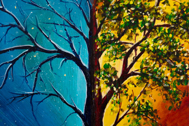 istock Acrylic painting harmony illustration tree against backdrop of day and night The concept of opposite energies: male-female, day-night, light-dark, yin-yang 1369489480