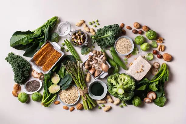 Variety of healthy vegan, plant based protein source and body building food. Tofu soy beans tempeh, green vegetables, nuts, seeds, quinoa oat meal and spirulina. View from above