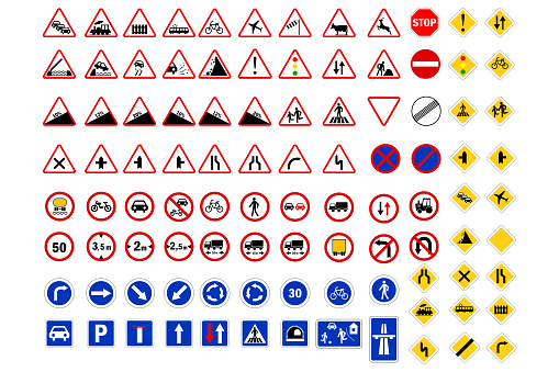 Priority road signs. Prohibition road signs. Mandatory road signs. Traffic Laws. Vector illustration. stock image. EPS 10.
