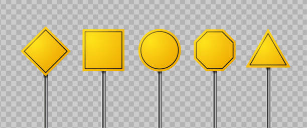 Road signs Yellow blank road sign isolated set. Direction traffic signs boards on metal stand vector collection traffic stock illustrations