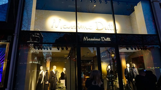 Paris, France - January 01, 2022: Massimo Dutti store. Massimo Dutti is a Italian clothes manufacturing company, part of the Inditex group.