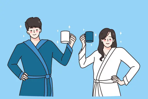 Vector illustration of Happy couple in bathrobes with mugs in morning