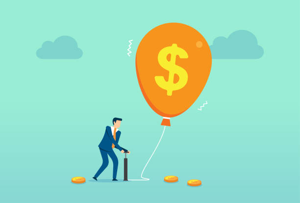 ilustrações de stock, clip art, desenhos animados e ícones de businessman inflating up a balloon, pumping air unto worn out dollar, inflation of the money bubble, uncontrolled emission of money - inflating balloon blowing air