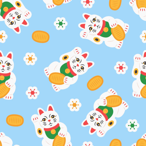 illustrazioni stock, clip art, cartoni animati e icone di tendenza di maneki neko gatto con moneta senza cuciture. simbolo giapponese che augura buona fortuna con la zampa sollevata. - maneki neko