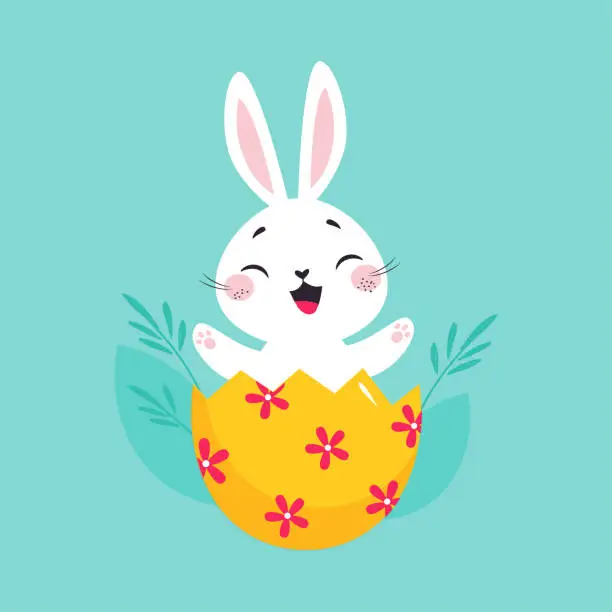 Vector illustration of White Easter Bunny Jumping Out of Decorated Egg on Blue Background Vector Illustration