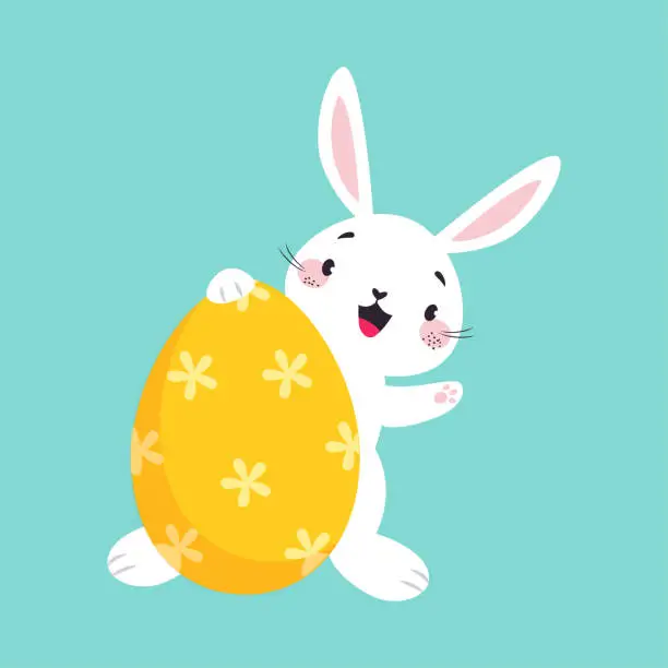 Vector illustration of White Easter Bunny Looking Out of Decorated Egg and Waving Paw on Blue Background Vector Illustration