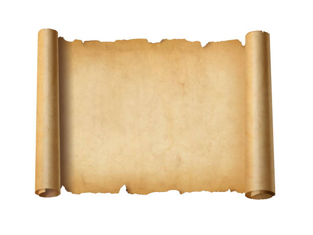 istock Old mediaeval paper sheet. Horizontal parchment scroll isolated on white 1369496917
