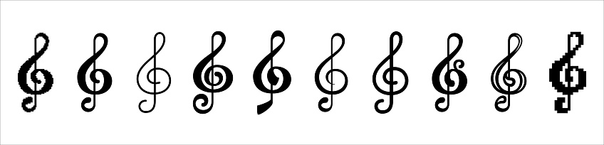 Music note icon set. Treble clef symbol illustration. Assorted different style treble clef sign. Pixelated, thin stroke and bold design styles.