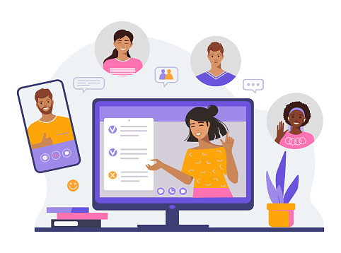 Video conference, group video chat. Business team faces, video meeting online on laptop screen, flat vector illustration.